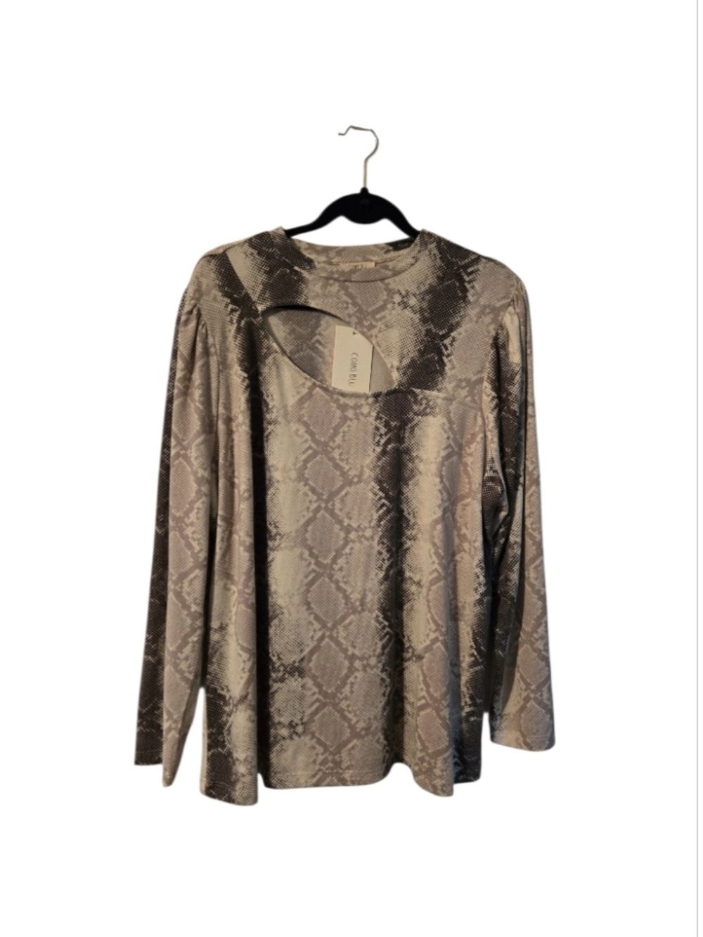 Cutout Neck Snake-Print Long Sleeve Tunic - Neutral Brown